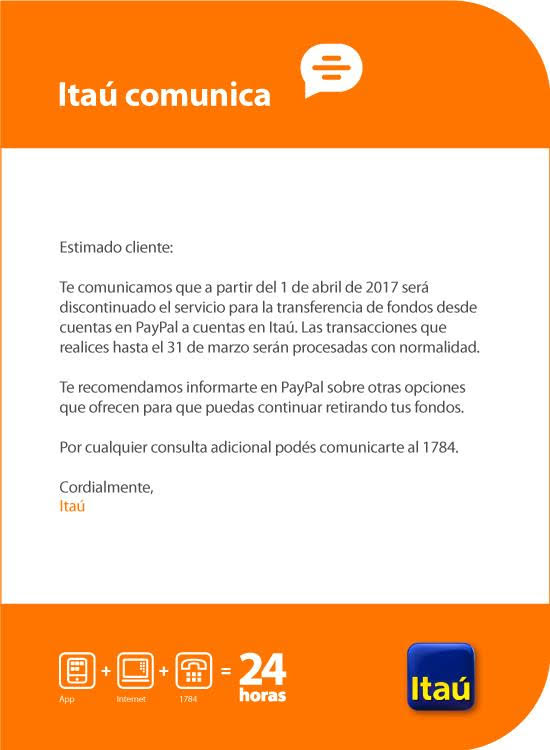 Comunicado Itaú PayPal