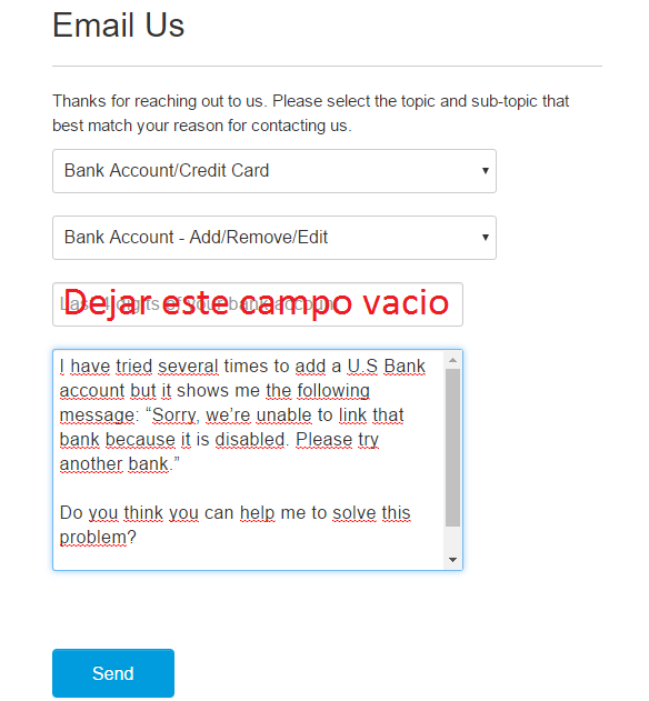 Formulario de soporte de PayPal con mensaje de ejemplo.